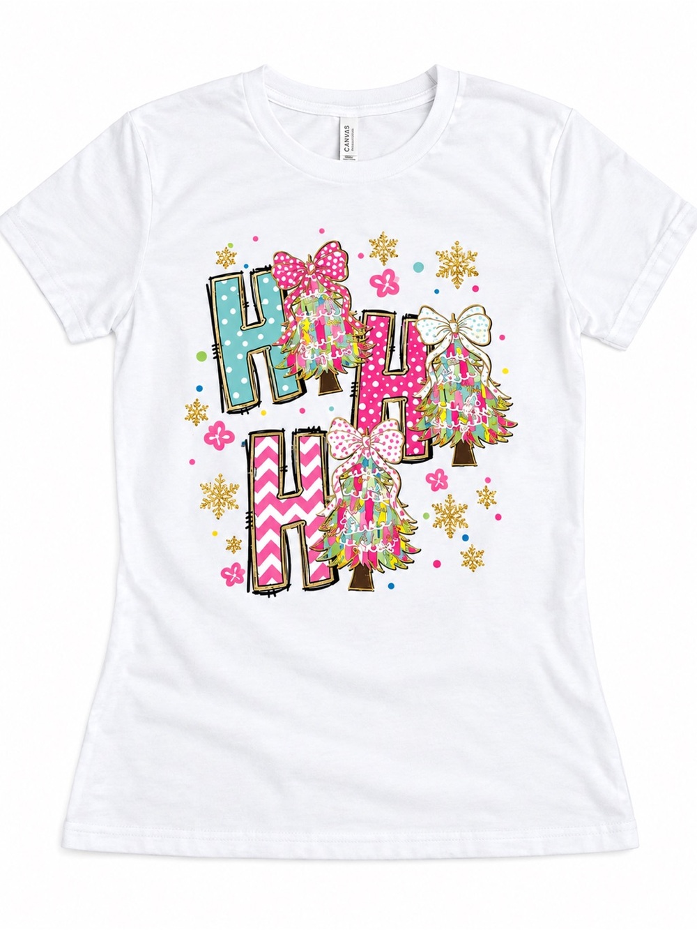 Super soft White Holiday Graphic Tee with Pink & Teal Accents